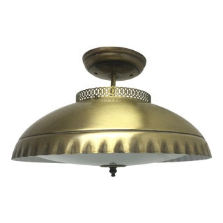 1960s Brass Overhead Light Fixture With Scalloped Edge and Perforated Brass Accent For Sale
