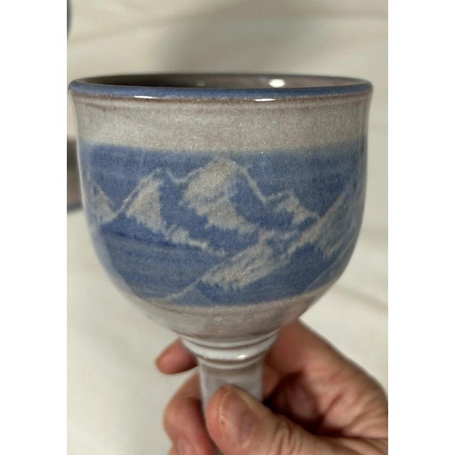 Vintage Signed Studio Pottery Chalice Wine Goblets Set of 5 Mountain Art For Sale - Image 10 of 11