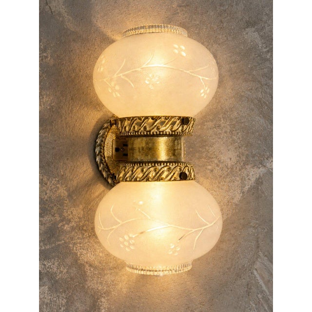 Vintage Art Deco Double Wall Sconce Frosted Glass Brass Metal Floral For Sale In Pittsburgh - Image 6 of 6