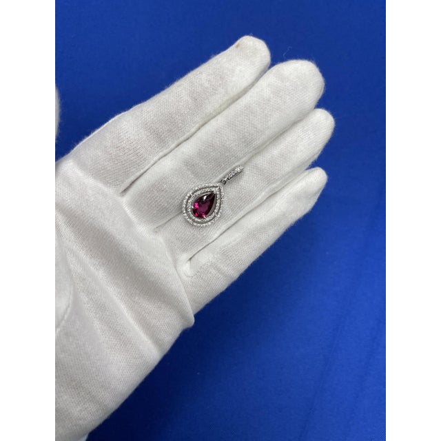 Traditional Pear Drop Shape Brilliant Cut Rubellite Pink Tourmaline Halo Set Diamond 14 Karat For Sale - Image 3 of 6