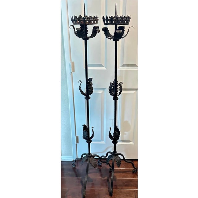 Mid 20th Century Spanish Forged Iron Floor Candlesticks, Torchieres 5 Ft Tall - Pair For Sale In San Diego - Image 6 of 16