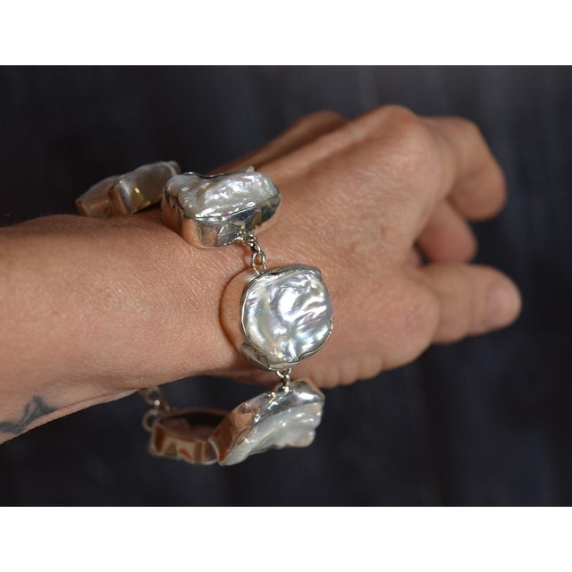 White Freshwater Baroque or Keshi Pearl Sterling Silver Link Bracelet For Sale - Image 16 of 18