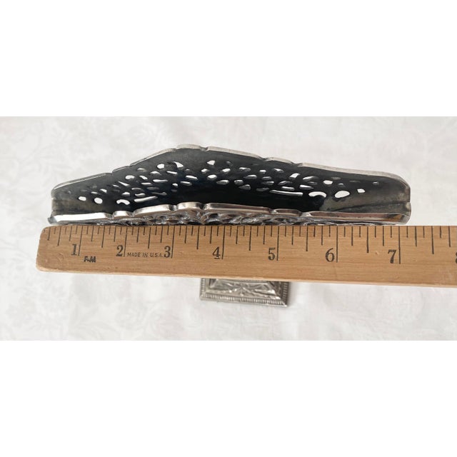 Silver Ornate Fan Vase, Art Nouveau-Style Scrollwork, a Reticulated Top Edge, and a Central Pineapple Motif Vintage For Sale - Image 8 of 15