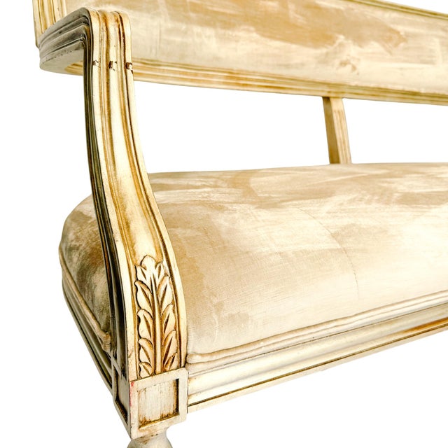 Wood Late 20th Century French Neoclassical Louis XVI Style Giltwood & Painted Settee With Champagne Velvet Upholstery For Sale - Image 7 of 10
