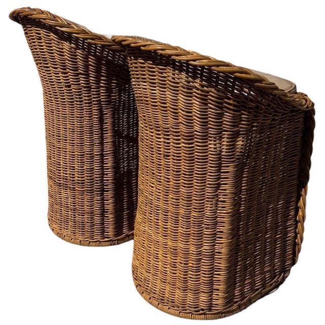 Traditional Pair Vintage Braided Rattan Counter Height Bar Stools For Sale - Image 3 of 9