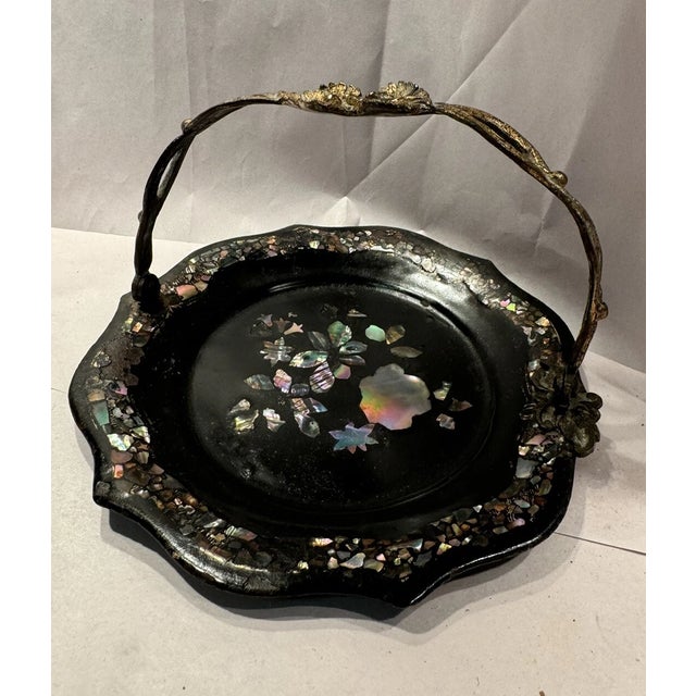 Antique English Victorian Paper Mache Cake Basket With Mother of Pearl Inlay For Sale - Image 4 of 5