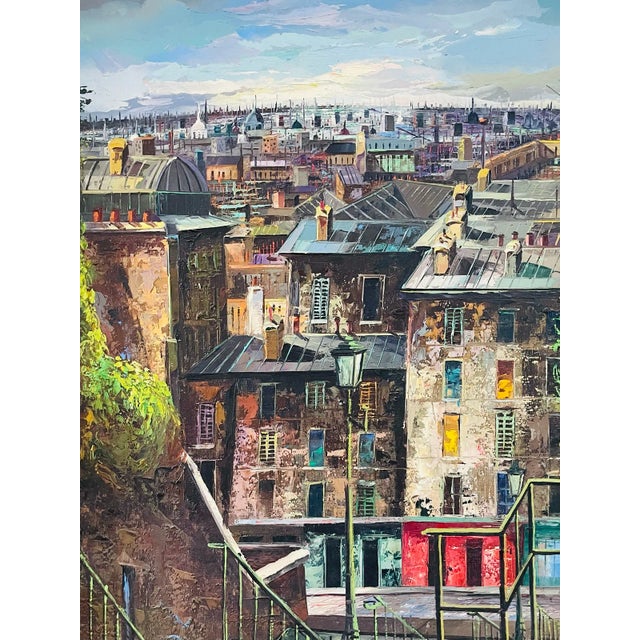 This painting depicts a charming view of Paris, likely from Montmartre, looking over the rooftops toward the distant...