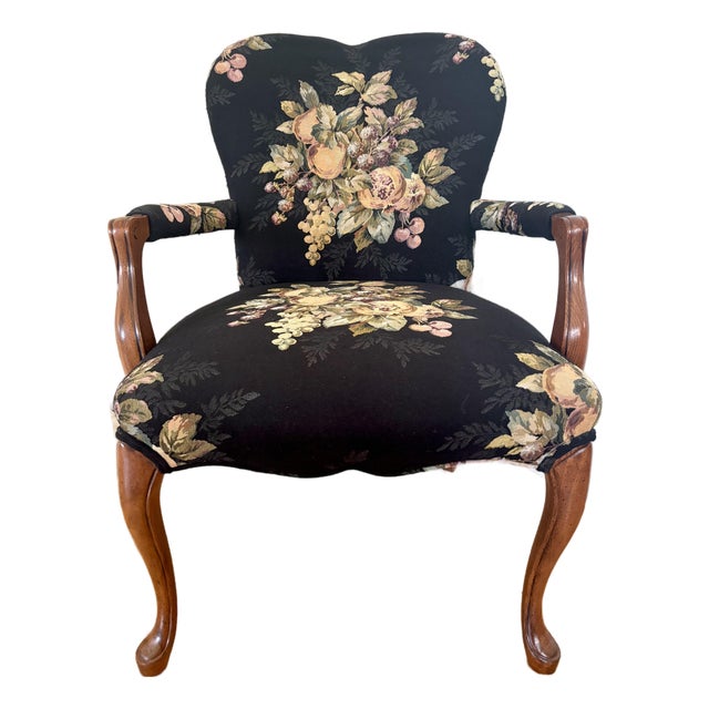 Late 20th Century French Louis XV Style Bergere Chair Upholstered in Pomegranate and Floral Fabric For Sale