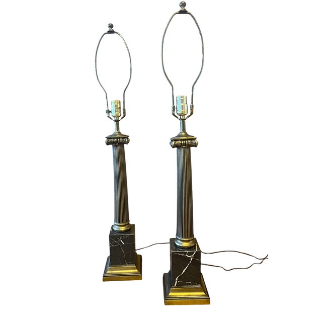Pair of 1940s Large Neoclassical Brass & Marble Lamp For Sale - Image 9 of 10