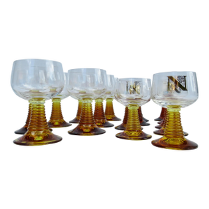 Vintage. C1970's French Roemer Amber Handled Ribbed Red & White Wine Goblets Set of 16