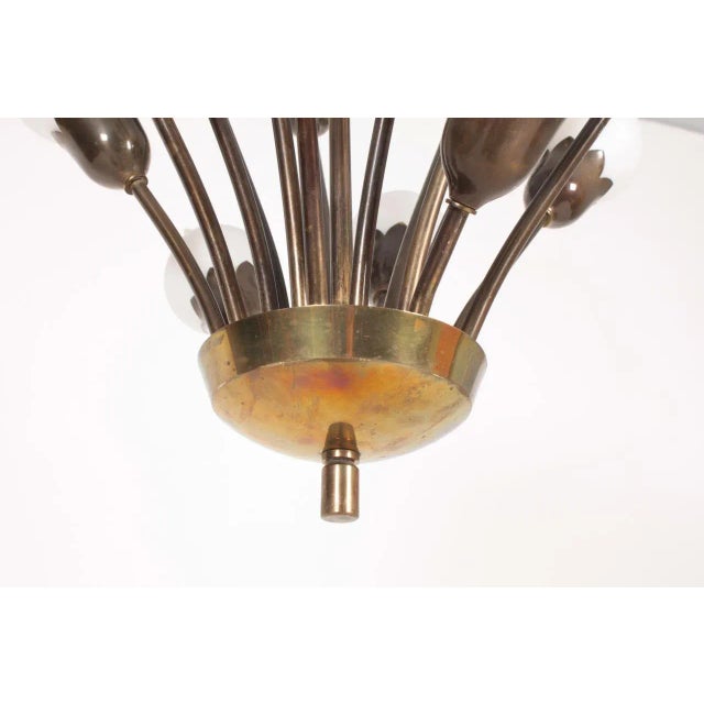 1950s tulip chandelier in brass and white glass designed and made by Fog & Mørup, Denmark. Great original condition. I...