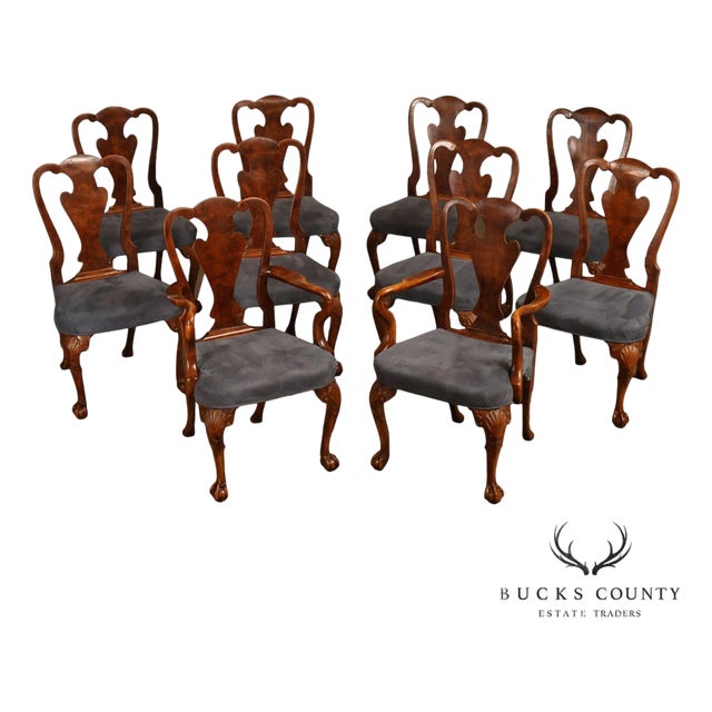 Georgian Style Set of Ten Carved Burlwood Dining Chairs For Sale