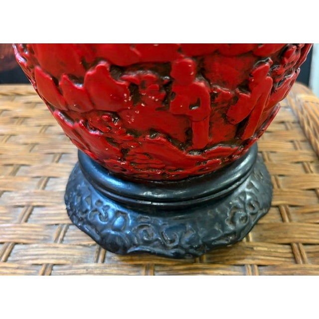 Antique Asian Red Cinnabar Lamp With Original Paper Pleated Shade For Sale - Image 4 of 12