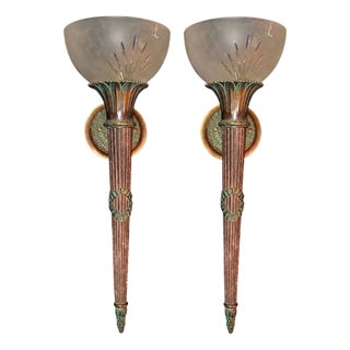 Antique Wall Sconces in Patinated Bronze and Frosted Glass, 1920s, Set of 2 For Sale