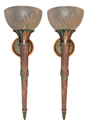 Antique Wall Sconces in Patinated Bronze and Frosted Glass, 1920s, Set of 2
