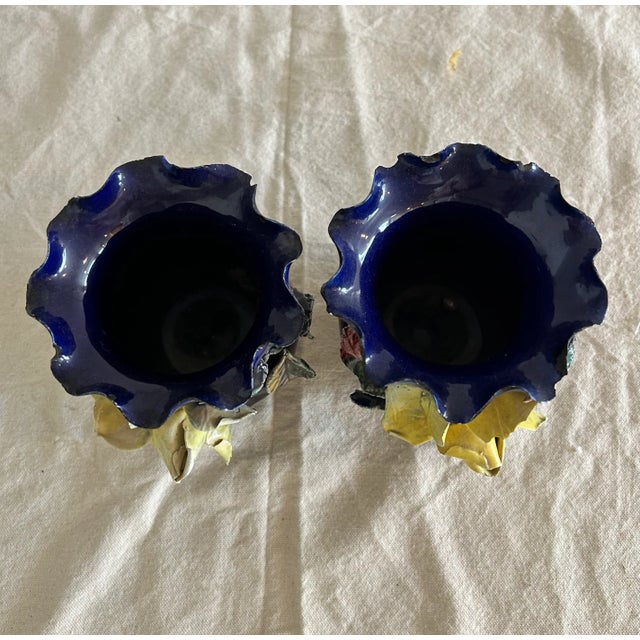 Mid 20th Century Pair, Antique French Barbotine Majolica Vase Applied Rose Vases For Sale - Image 5 of 8