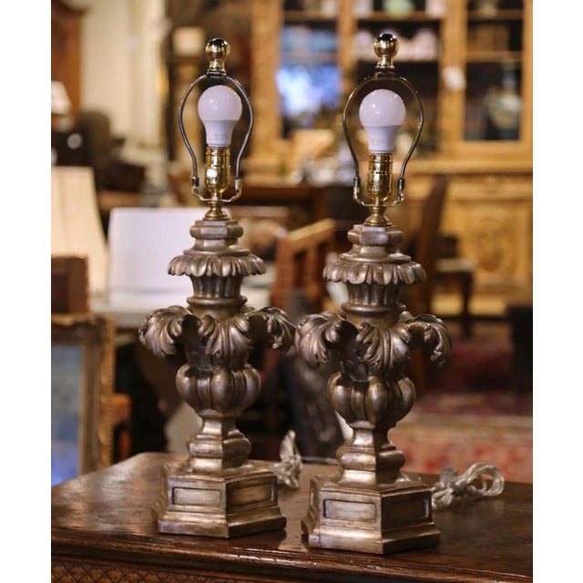 Italian Pair of Mid-Century Italian Carved Silvered Table Lamps For Sale - Image 3 of 9