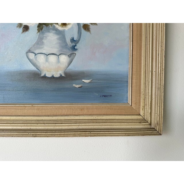 Wood Vintage J. Melvin Still Life of White Roses in a Vase Oil Painting, Framed For Sale - Image 7 of 12