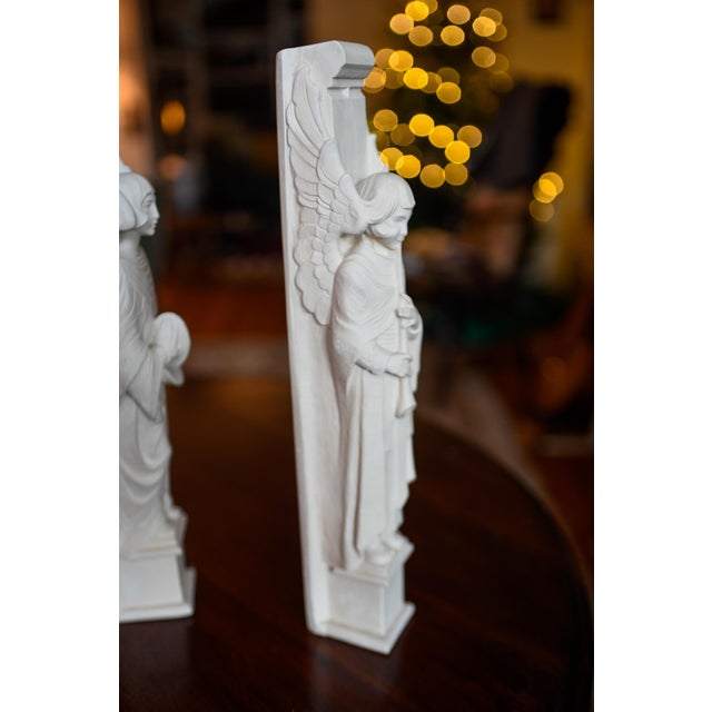 Gothic 1980s Pair 2 Facsimiles LTD Gothic Angel Cymbal Horn 13 1/4" Plaster Hanging Column For Sale - Image 3 of 10
