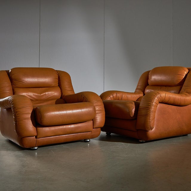 Brown Leather Sofa and Lounge Chairs, 1970s, Set of 3 For Sale - Image 4 of 18