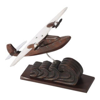 Art Deco Anthoine Art Bois Carved Wood and Metal Seaplane Model on Stand For Sale
