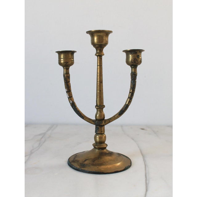 Farmhouse Vintage Brass Three Arm Candelabra For Sale - Image 3 of 6