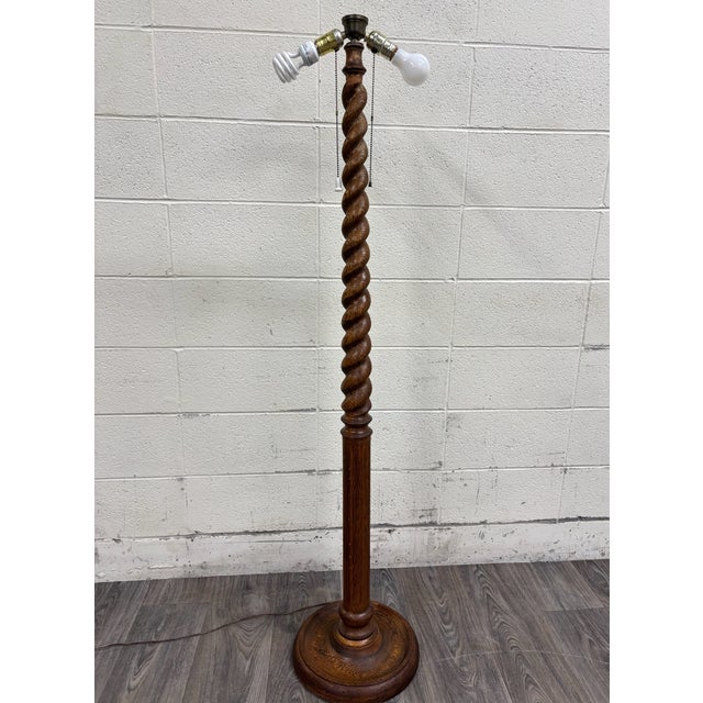 Jacobean Antique American Jacobean Revival Quarter Sawn White Oak Barley Twist Floor Lamp For Sale - Image 3 of 7