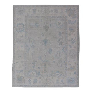 Modern Tribal Oushak With Light Silver-Gray Colored Background and Cream Border For Sale