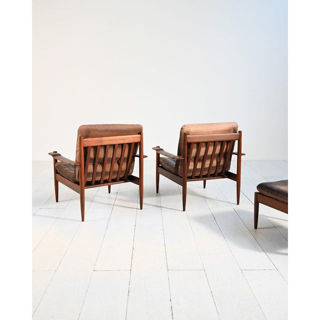 Scandinavian Leather Armchairs with Ottoman, 1960s, Set of 3 For Sale - Image 4 of 15