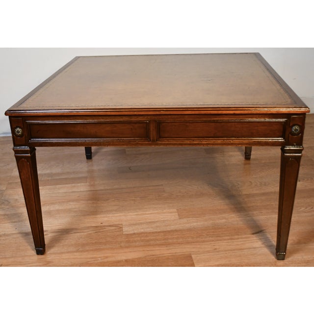 1940s Baker Regency Mahogany & Leather Top Coffee Table With Pull-Out Tray For Sale - Image 12 of 12