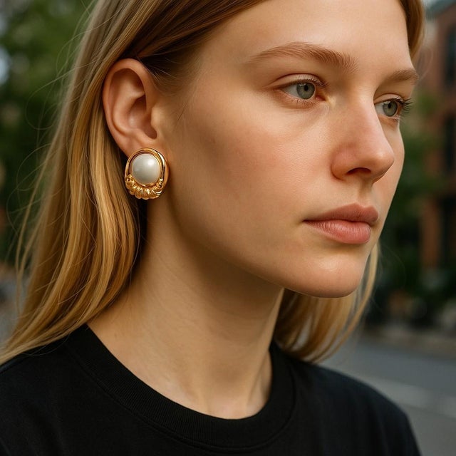 Metal 14k Yellow Gold Scroll Design Mabe Pearl Vintage Earrings For Sale - Image 7 of 10