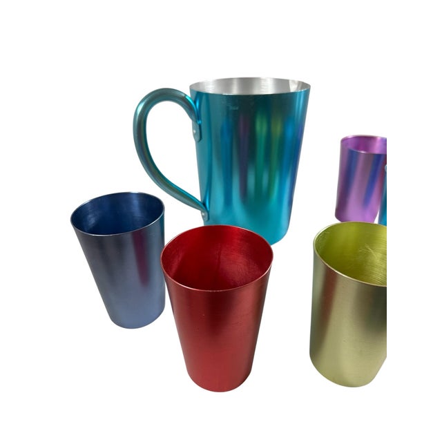 Vintage, Colorful, Sunburst, Pitcher, and Glassware 7 Piece Set in Colorful Aluminum For Sale In Las Vegas - Image 6 of 6