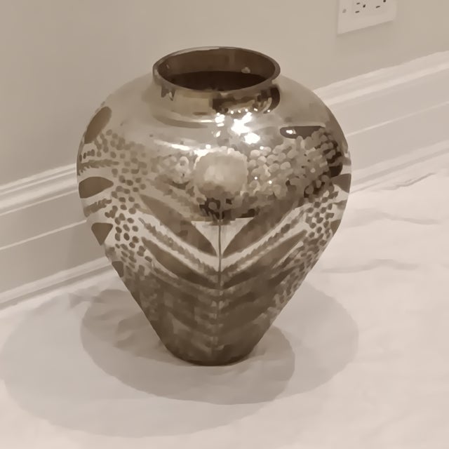Vintage Antique Mercury Glass Vase With Hand Painted Raised Textured Gold Leaf Motif For Sale - Image 10 of 10