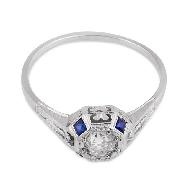 Art Deco 1930s Art Deco Gia Diamond Sapphire 18k White Gold Engagement Ring, Size 10.25 For Sale - Image 3 of 7