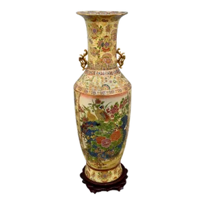 Vintage Large Chinese Floor Vase With Birds & Floral Details & Mahogany Stand