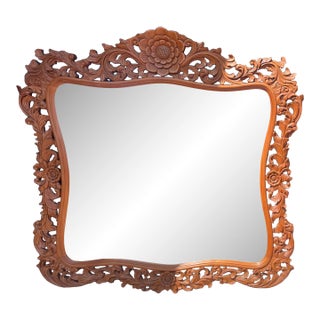 Vintage Carved Teak Wood Mirror For Sale