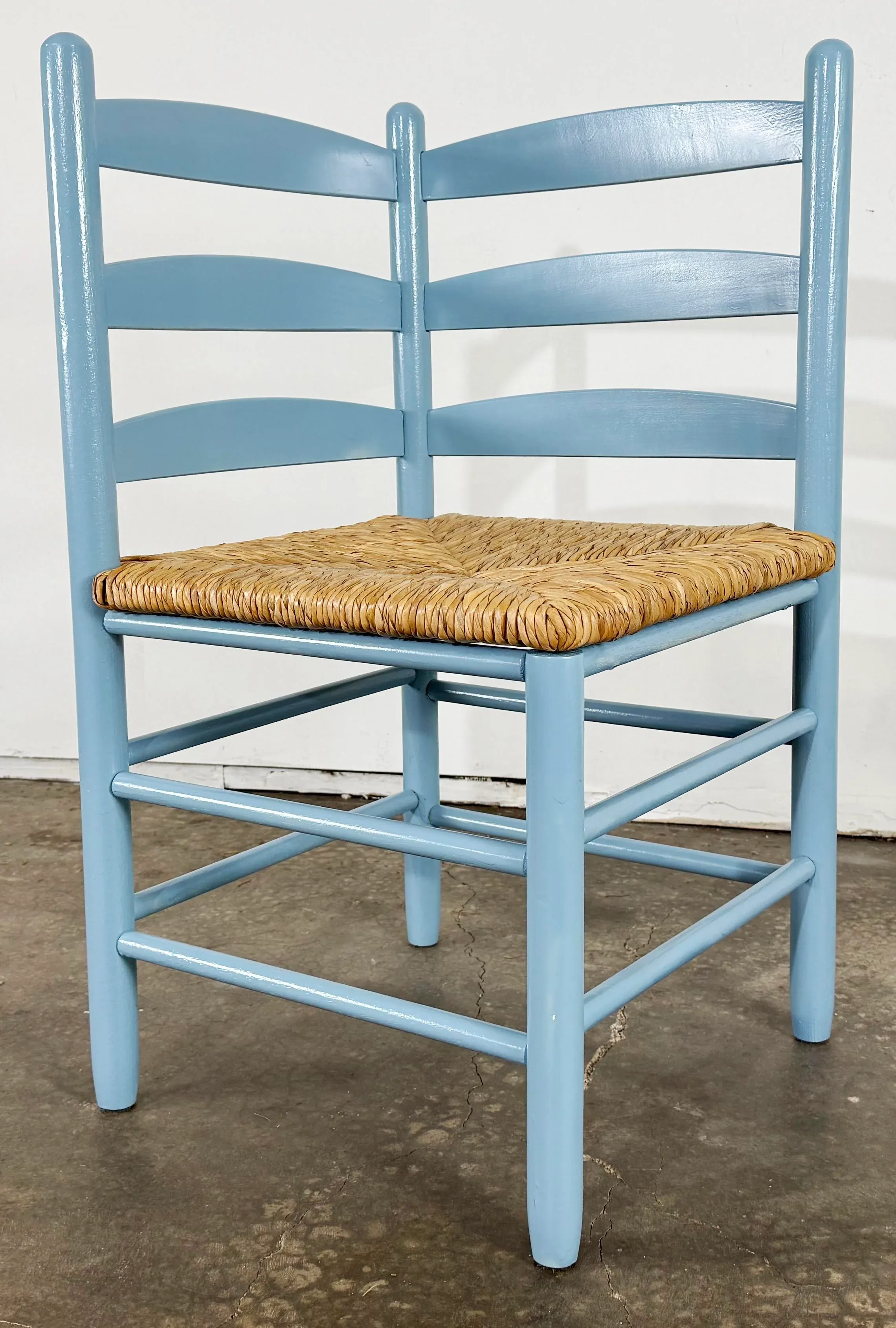 Vintage Blue French Country Style Ladderback Rush Seat Corner