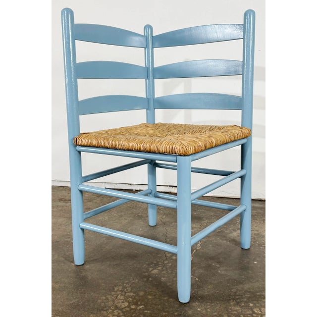 Farmhouse Vintage Blue French Country Style Ladderback Rush Seat Corner Chair For Sale - Image 3 of 8