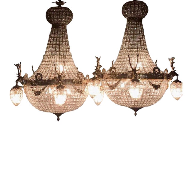 Mid-20c French Louis XVI Rococo Gold Bronze XL Chandeliers Pair For Sale