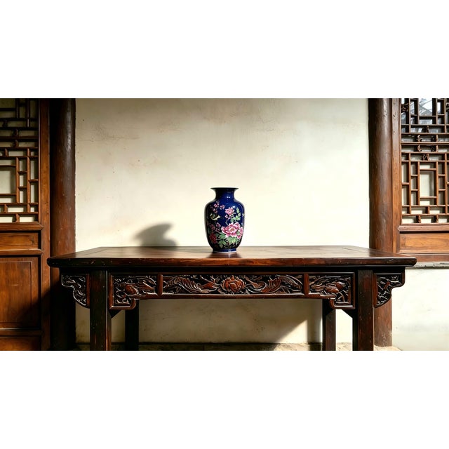 Chinese Old Ceramic Vase,Qianlong Marked Blue Ground Famille Rose Porcelain Vase Hand Drawing Flowers and Birds Pattern For Sale - Image 9 of 12