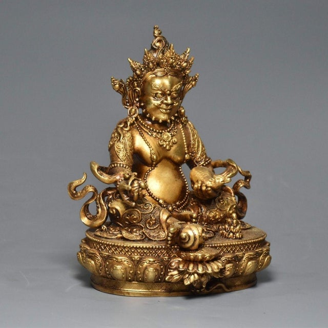 This is a finely cast vintage gilt-bronze statue of Yellow Jambhala, the Buddhist God of Wealth and a popular deity in...