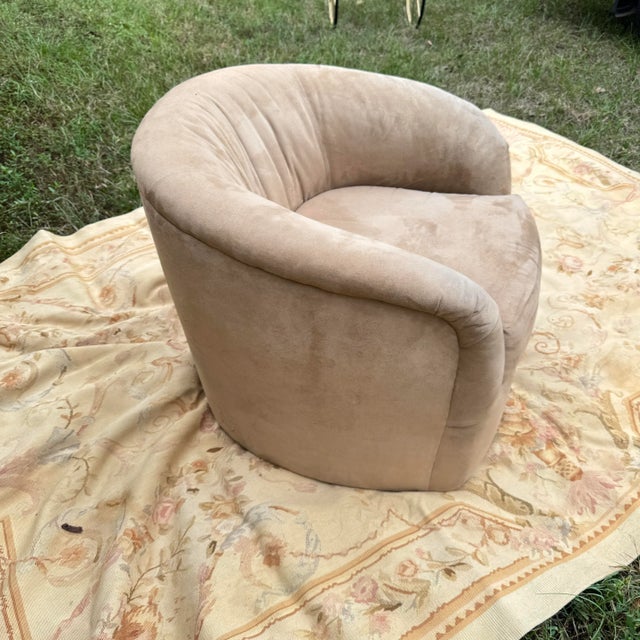 1990s Milo Baughman Style Suede Upholstered Barrel Back Swivel Chair For Sale In Columbia, SC - Image 6 of 12