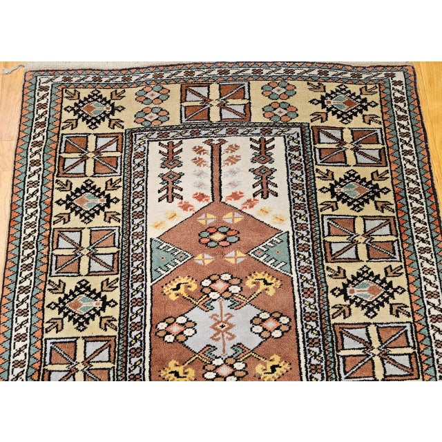 Brown Vintage Turkish Area Rug, Handwoven Tribal Wool, Prayer Design, 1930s, 4' x 7' For Sale - Image 8 of 15