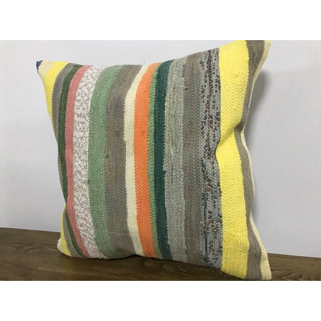 Boho Chic Vintage Striped Turkish Handmade Gray and Green Kilim Pillow Cover For Sale - Image 3 of 6