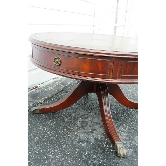 Traditional Flame Mahogany Round Leather Top Claw Feet Coffee Table