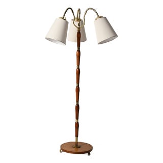 Scandinavian 3-Armed Floor Lamp in Teak and Brass, 1950s For Sale