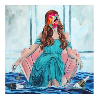 Statement on the Stream - Original Figurative Surrealist Painting Woman Relaxing in Arm Chair Floating on Water Artwork by Iqi Qoror For Sale