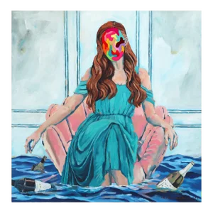 Statement on the Stream - Original Figurative Surrealist Painting Woman Relaxing in Arm Chair Floating on Water Artwork by Iqi Qoror