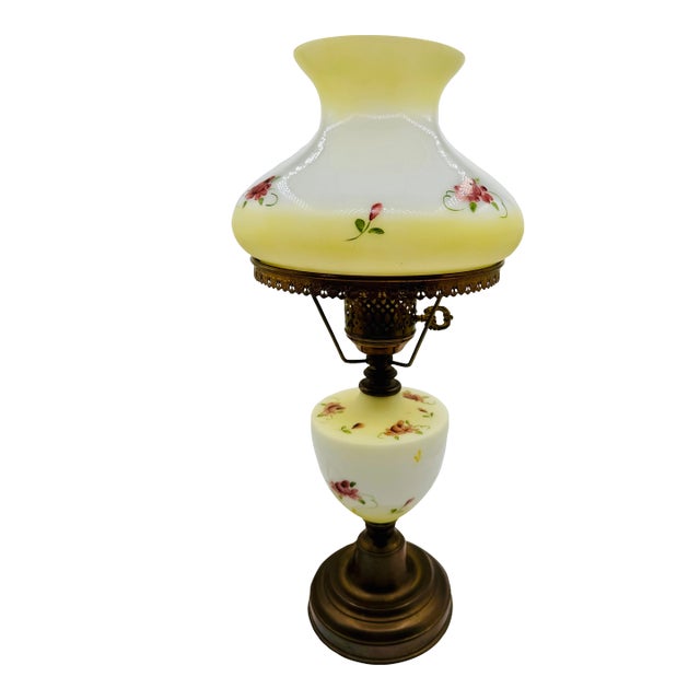 Vintage GWTW Creamy Yellow Milk Glass 18" Hand Painted Roses Lamp W/Bronze Base Signed E. Maram For Sale
