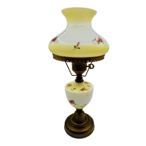 Vintage GWTW Creamy Yellow Milk Glass 18" Hand Painted Roses Lamp W/Bronze Base Signed E. Maram